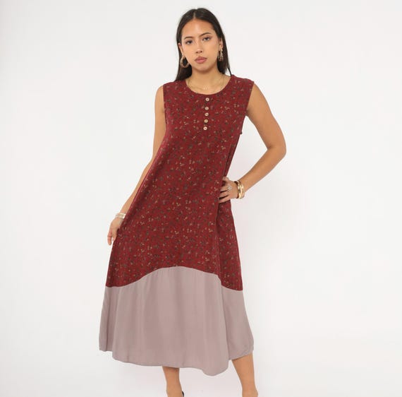 Burgundy Floral Sleeveless Dress 2000s Ditsy Midi Wine Mauve Color Block Hem Cotton Shift Prairie Summer Tank Cranberry Small To Medium S M