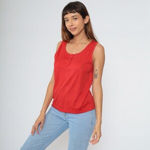 Red Tank Top 80s Cotton Henley Tank Plain Retro Button Up Sleeveless Shirt Simple Basic Tee Casual T-Shirt Vintage 1980s Medium M image 4