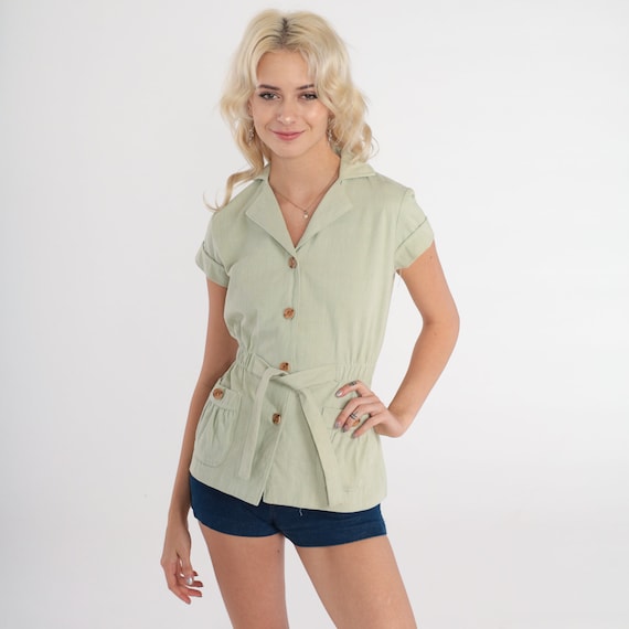 70s Button Up Shirt Pale Green Corduroy Blouse BELTED Blouse 1970s Short Sleeve Cargo Shirt Boho Vintage Hippie Bohemian Extra Small xs