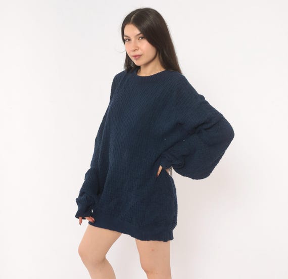 90s Navy Cable Knit Sweater Cotton Crewneck Pullover Textured Weave Dark Blue Grandpa Style Collegiate  Unisex Ribbed Cuff Crew Neck Large L