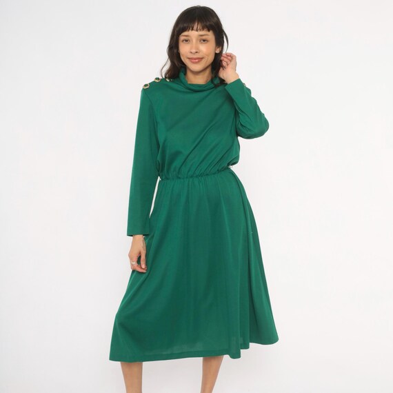 Emerald Cowl Neck Dress 80s Gold Button Long Sleeve Elastic Waist Forest Green Midi Gathered Skirt Vintage Holiday Party Frock Women Large L