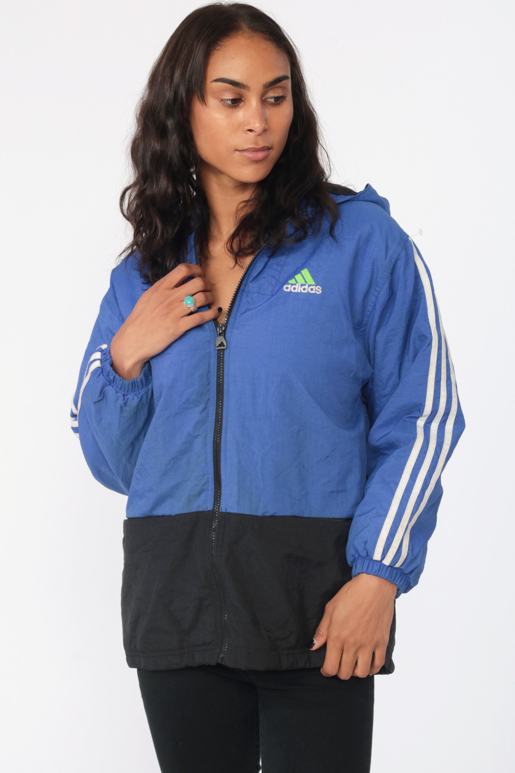 Adidas Jacket Hoodie Jacket Blue Adidas Jacket Hood 90s Striped Hooded Lime Green Athletic Stripe Sports Streetwear Vintage Small Medium