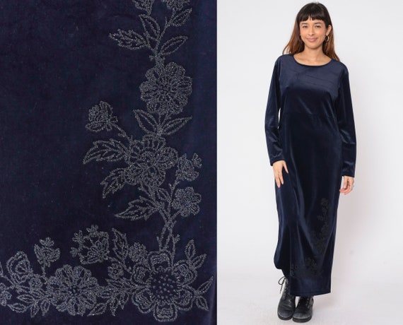 Midnight Blue Velour Dress 90s Maxi Glitter Floral Velvet Cocktail Party Sparkly Boho Long Sleeve Scoop Neck Bohemian 1990s Vintage Large L