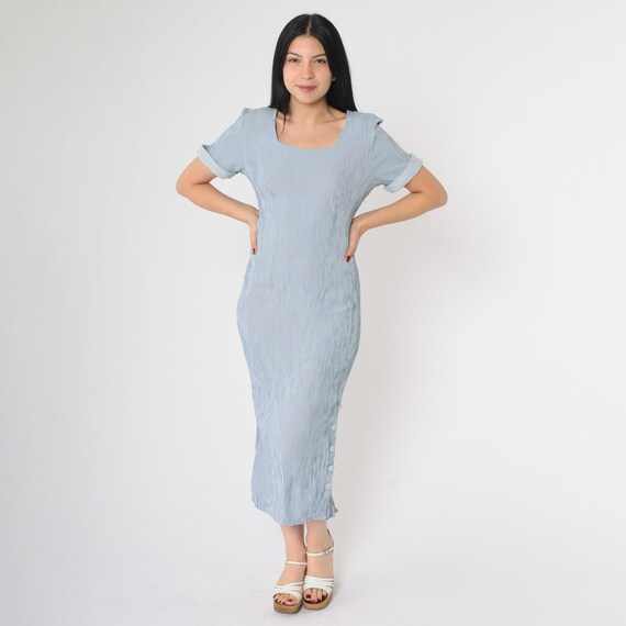 Vintage Striped Sheath Dress 90s Blue White Button Side Bodycon Midi Dress 1990s Pinstriped Cuffed Short Sleeve Preppy Square Neck Small S