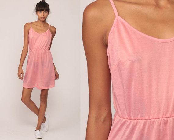 Pink Mini Dress 80s Sundress Boho SHEER Vintage 1980s Bohemian Sun Spaghetti Strap High Waist Summer Retro Medium