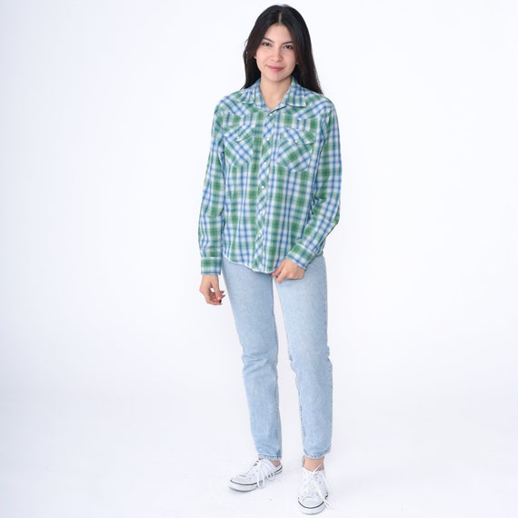 Wrangler Western Shirt Y2K Blue Green Plaid Pearl… - image 2