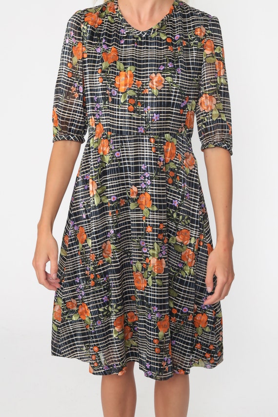 Checkered Floral Dress Midi Dress Bohemian Dress … - image 7