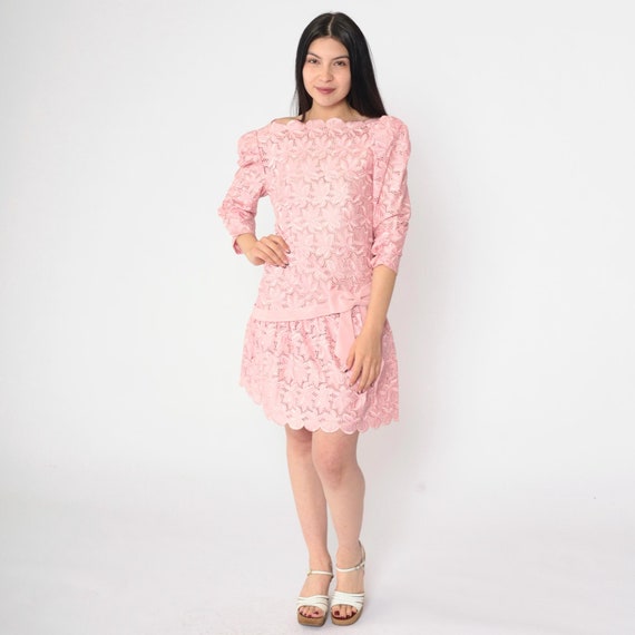 Vintage Pink Lace Mini Dress 80s Party Dress Sheer Puff Sleeve Pastel Drop Waist Bow Formal Fit and Flare Prom Evening 1980s Small XS