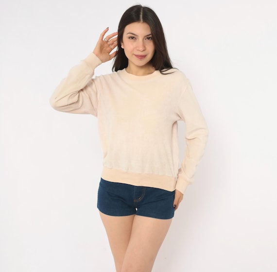 80s Velour Sweatshirt Beige Cotton Pullover Plain Cream Blush Pink Ribbed Trim Boxy Soft Knit Top Balletcore Coquette Vintage Medium M