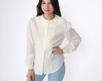 Peter Pan Collar Blouse 80s Cream Button Up Top Pleated Shirt Long Puff Sleeve Elegant Office Secretary Vintage 1980s Medium Large