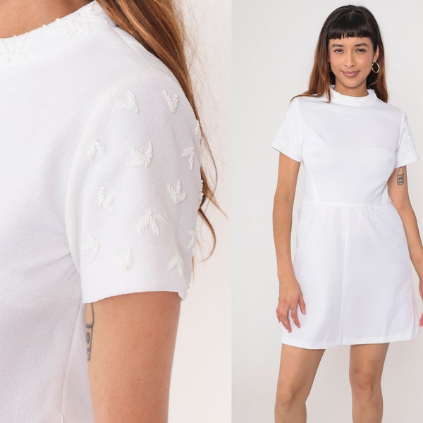 60s White Beaded Dress Mod Mini Dress 1960s Gogo High Waist Vintage Cocktail Party Twiggy Go Go Short Sleeve MiniDress Plain Small S