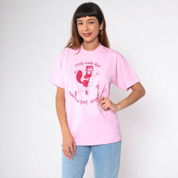 80s Running Shirt Foxy Lady Run Tee American Fork Hospital Utah Single Stitch 5K Graphic Tee Retro T Shirt Vintage Pink Screen Stars Medium