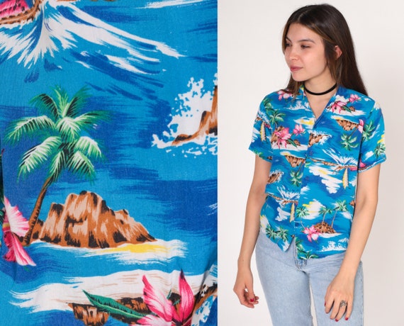 Blue Hawaiian Shirt 90s Tropical Button up Blouse Floral Palm Tree Island Flower Print Top Short Sleeve Summer Vintage 1990s Extra Small xs