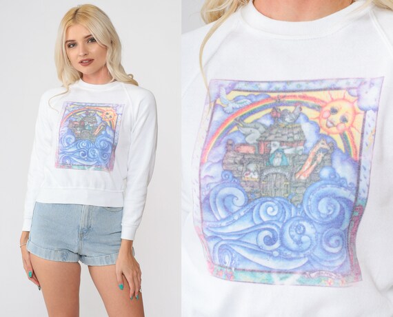 Noah's Ark Sweatshirt 90s Animal Print Rainbow Sun Christian Bible Sweatshirt Raglan Sleeve Graphic Wildlife Sweater 1990s Vintage 2xs xxs
