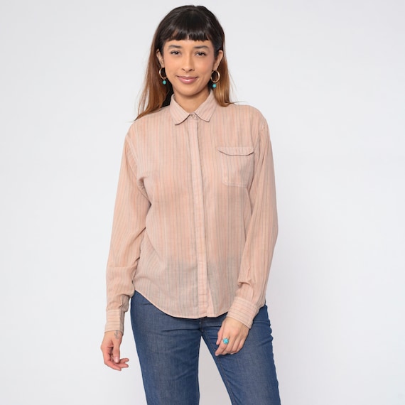 Tan Striped Blouse 80s Hidden Button up Shirt Semi-Sheer Long Sleeve Collared To Vertical Stripes Retro Preppy Vintage 1980s Halston Large L