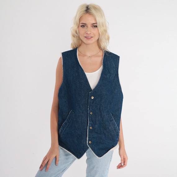 Sherpa Denim Vest 80s Osh Kosh B'Gosh Blue Jean Vest Faux Shearling Lining Button up Sleeveless Jacket Western Boho Vintage 1980s Large L