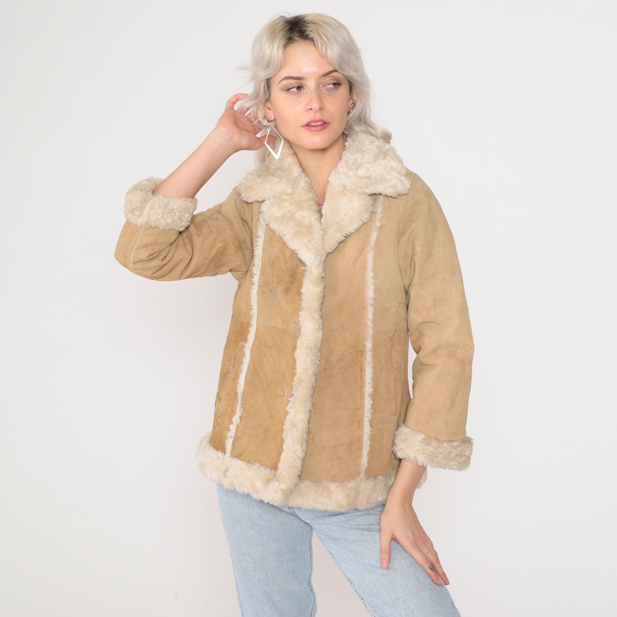 Suede Sherpa Jacket Y2K Brown Leather Shearling Coat Button Suede Sherpa Jacket Y2K Brown Leather Shearling Coat Button