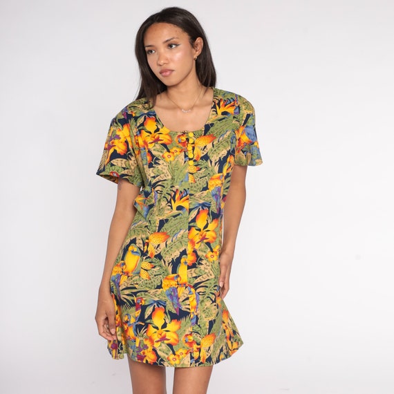 Tropical Mini Dress 90s Parrot Bird Leaf Floral Print Dress Button up Short Sleeve Fit and Flare Bird of Paradise Vintage 1990s Large L