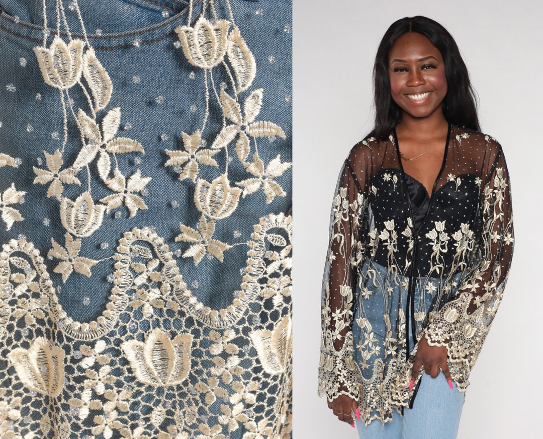 Embroidered Mesh Jacket 90s Sheer Floral Cardigan Black Etsy