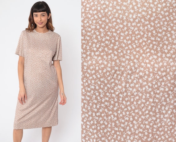 Tulip Print Dress 70s Ditsy Floral Midi Dress Brown Flower Print Day Dress Short Sleeve Loose Shift Relaxed Summer Boho Vintage 1970s Large