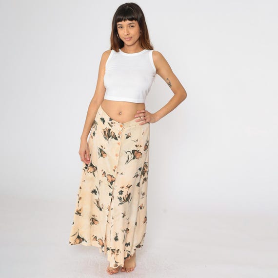 90s Long Floral Skirt Vintage Peach Beige Button Up Skirt Soft Grunge Boho Ankle Length Summer Hippie Festival Bohemian 1990s Medium 8