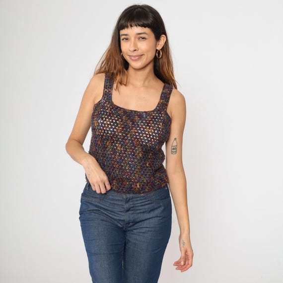Vintage Sheer Crochet Top Space Dye Tank Top Festival Boho 90s Open Weave Crop 1990s Hippie Cutwork Bohemian Knit Purple Blue Orange Small S