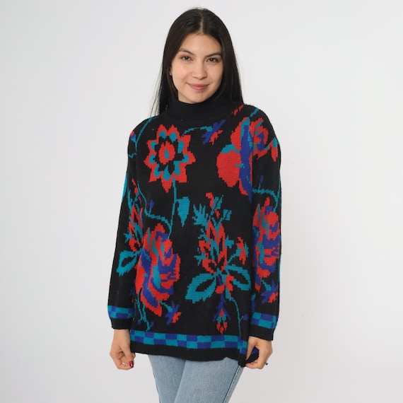Floral Knit Sweater 80s Vintage Adolfo Black Bold Pullover High Neck Red Blue Teal Pattern Winter Statement Top Medium M