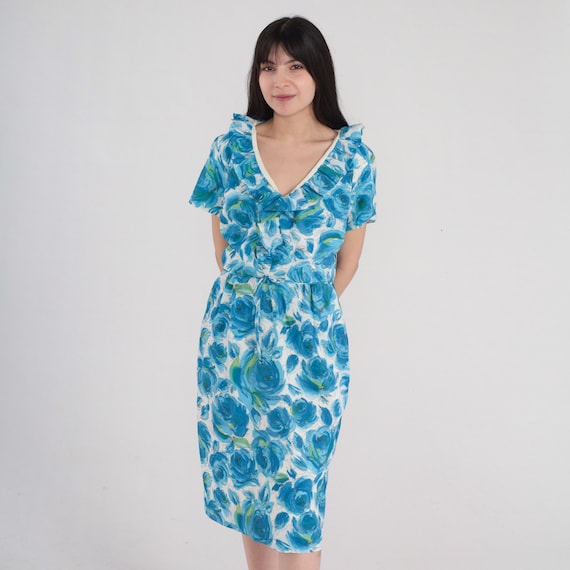 60s Floral Dress Ruffled Rose Print Pencil Dress Knee Length Sheath High Waist V Neck Short Sleeve Blue White Pin Up Vintage 1960s Medium M
