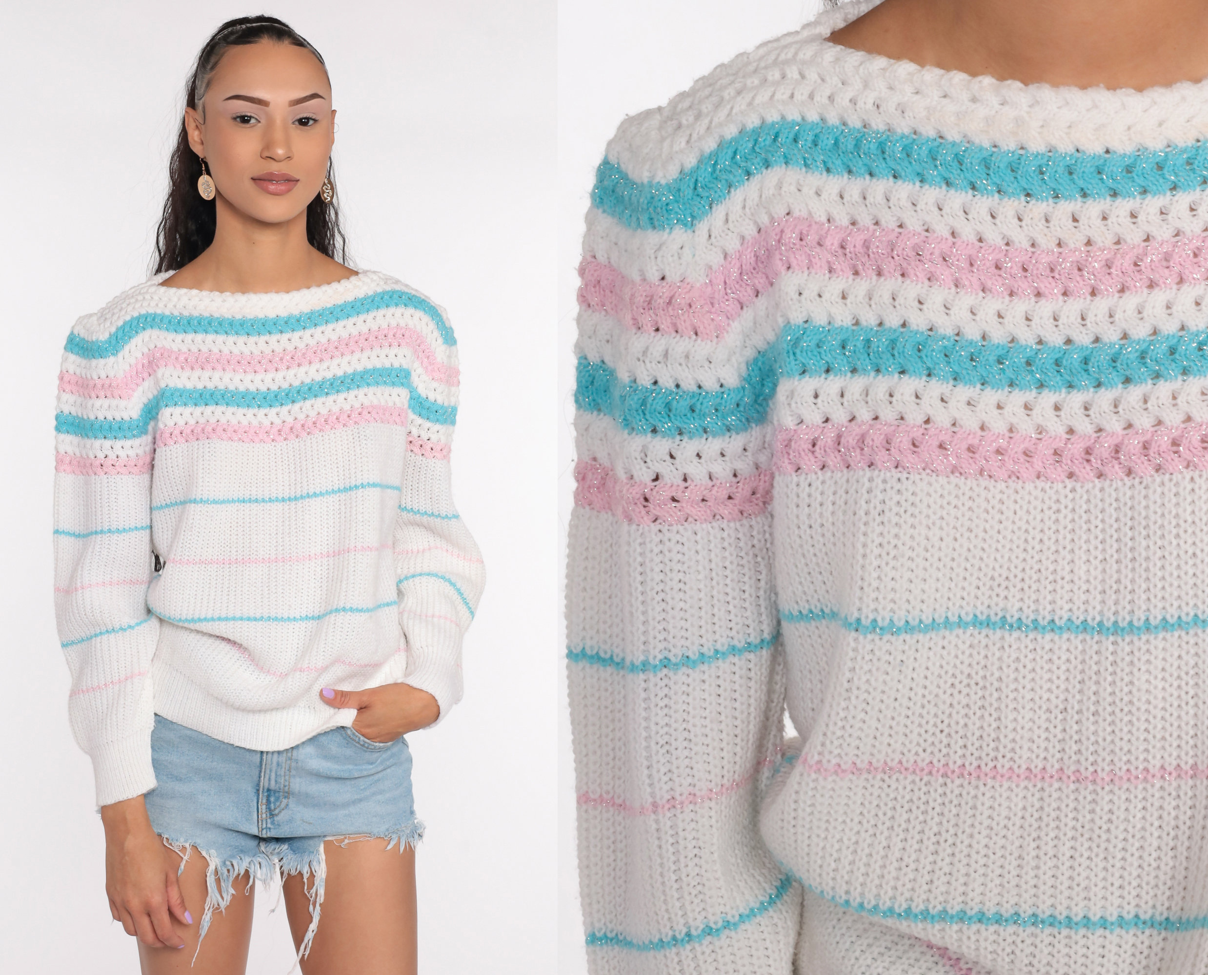 80s Puff Sleeve Sweater White Metallic 