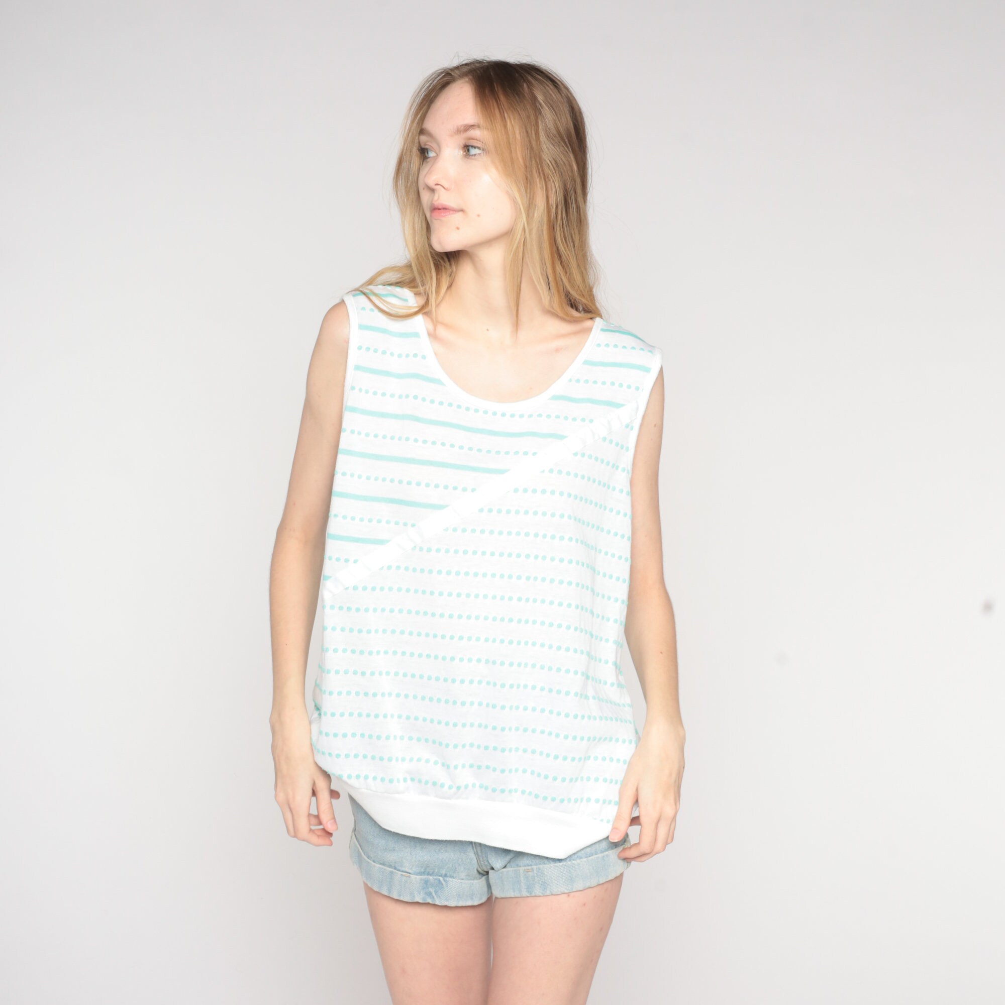 80s Striped Tank Top White Green Dot Print Sleeveless Shirt Slouchy
