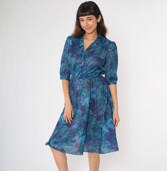 Vintage 80s Paisley Dress Blue Grape Print Midi Shirtdress High Waisted Secretary Boho Button Up 1980s Puff Sleeve Bohemian Small Medium