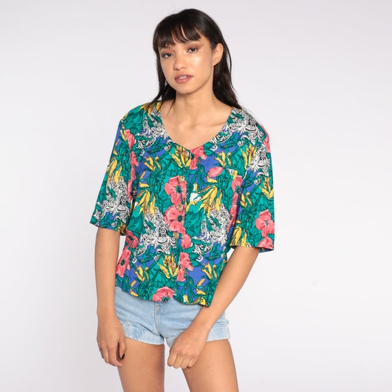 Tropical Floral Blouse 80s Button Up Short Sleeve… - image 2