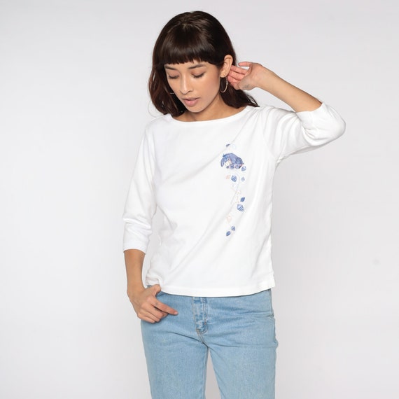 Vintage Eeyore Shirt Winnie The Pooh TShirt 90s Embroidered Graphic Tee Disney Top Retro Cartoon 1990s Boatneck Hipster Kawaii White Large L