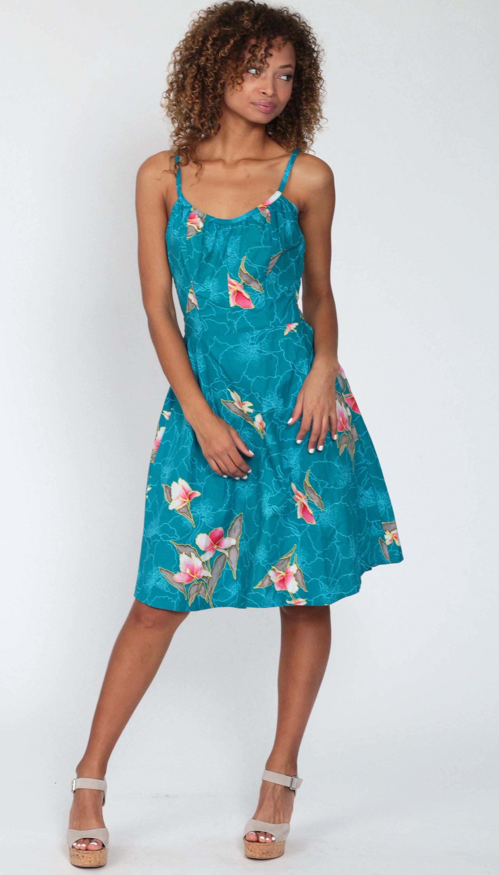 70s Sun Dress HAWAIIAN Floral Print Sundress Midi Blue | Etsy