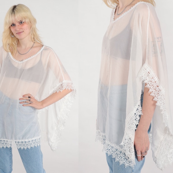 Sheer White Poncho Top Lace Shawl Cape Shirt Hippie Blouse Boho Open Fit Crochet Bohemian Vintage Festival Small Medium Large