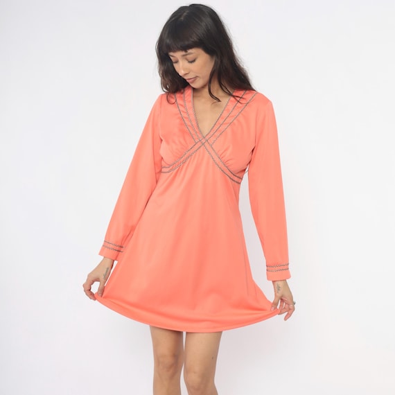 70s Peach Mini Mod Dress Chain Embellished Coral Salmon Pink Party Cocktail Disco Vintage Coquette Fairycore Medieval Revival Style  Large L