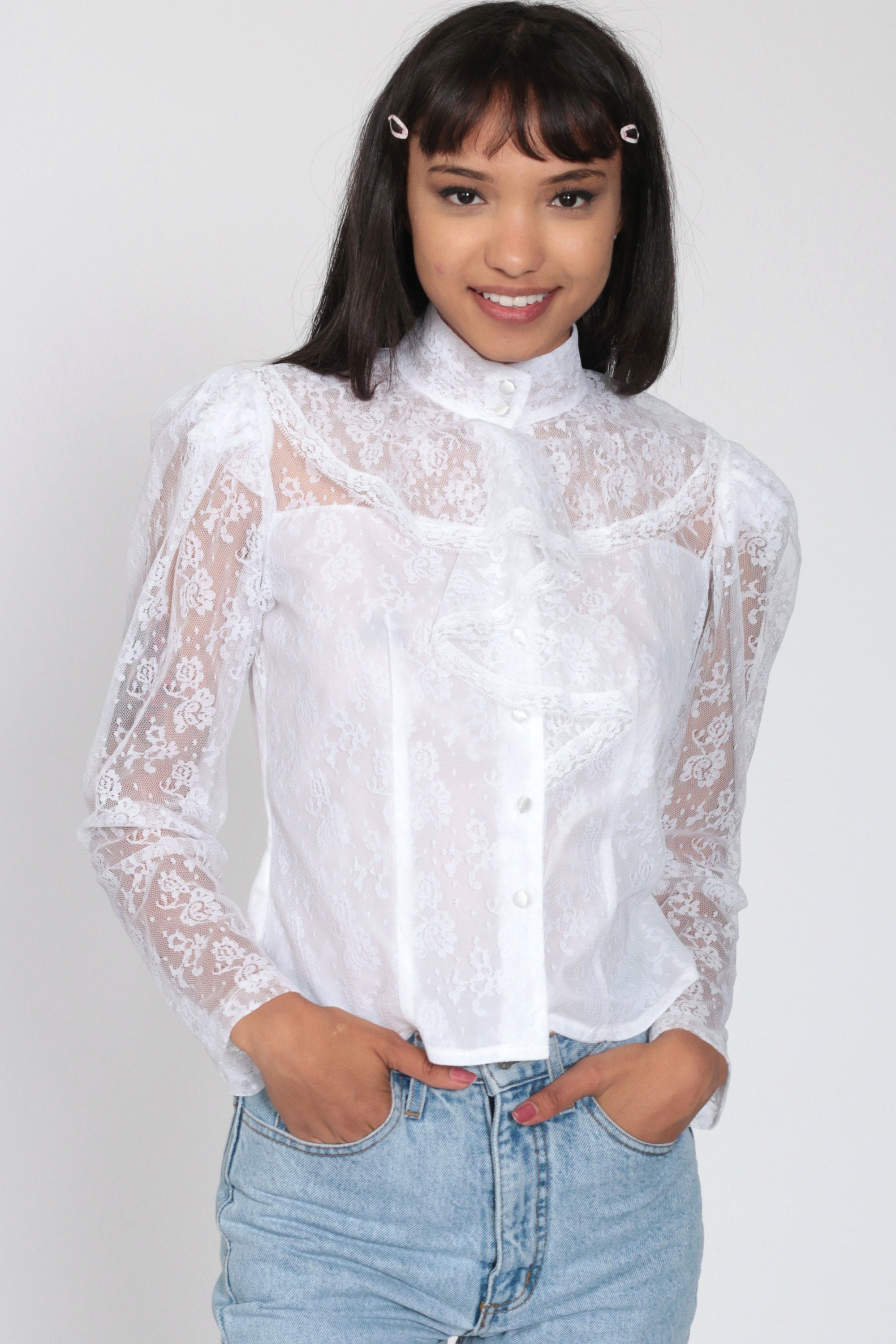 White Lace Blouse 80s Boho Lace Top White Ruffle Shirt Tuxedo Blouse Button Up Vintage Bohemian