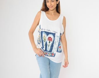 Vintage Floral Tank Top 90s Scoop Neck Shirt Graphic 1990s Retro Sleeveless White Blue Botanical Retro Tee Large L