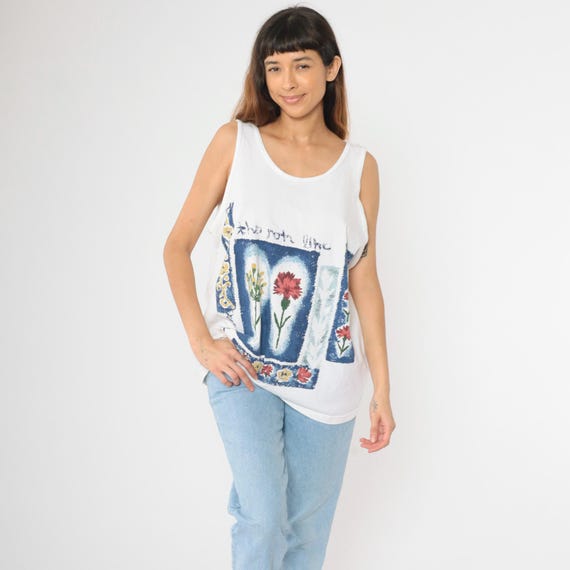 Vintage Floral Tank Top 90s Scoop Neck Shirt Graphic 1990s Retro Sleeveless White Blue Botanical Retro Tee Large L