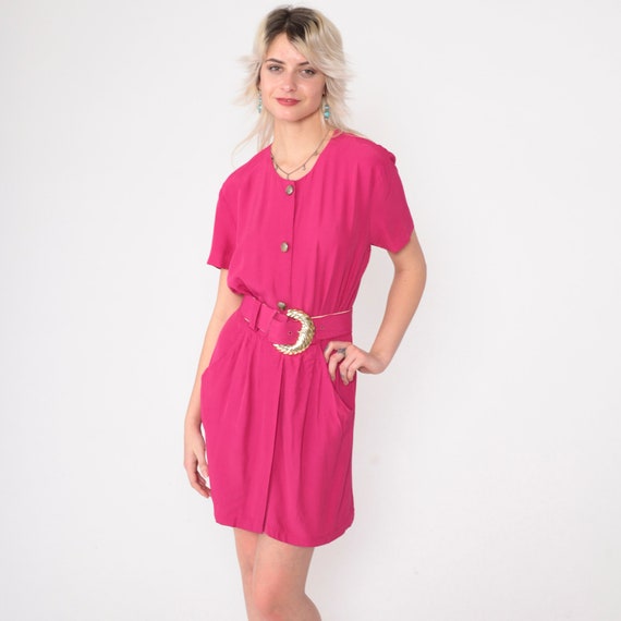 Hot Pink Mini Dress 80s 90s Button Up Sheath Dress Belted Fuchsia Short Sleeve Day Simple Dress Pocket Retro Girly Vintage 1980s 1990s Small