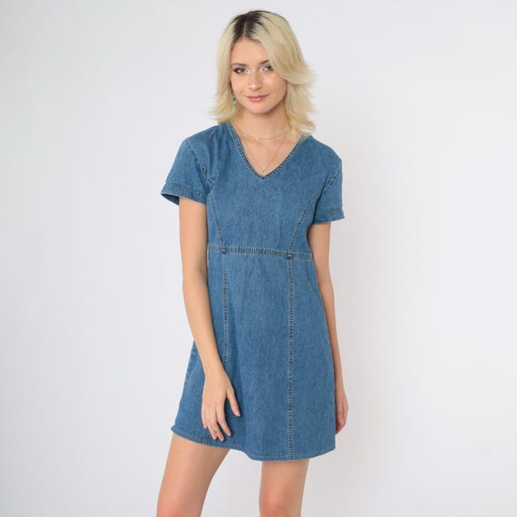Vintage 90s Denim Mini Dress Laura Ashley Blue Empire Waist Jean Grunge 1990s High Waisted Short Sleeve Retro V Neck Small 6