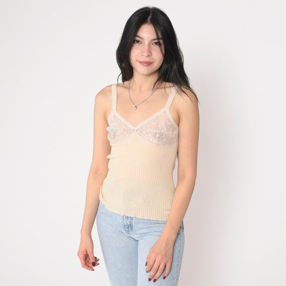 Sheer Lace Tank Top Y2K Beige Ribbed Camisole See-Through Lingerie Cami Shirt Boho Festival Going Out Intimates Vintage 00s Small Medium