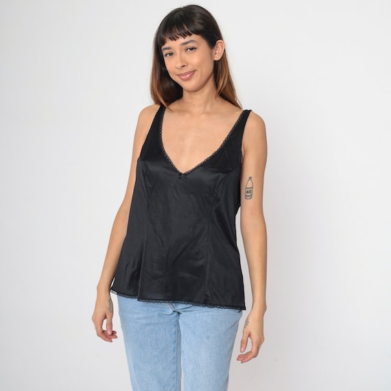 Vintage Black Vanity Fair Camisole Lingerie Cami Top Tank Top 80s Undershirt Deep V Neck Bow Princess Seam Boho Romantic Large 42
