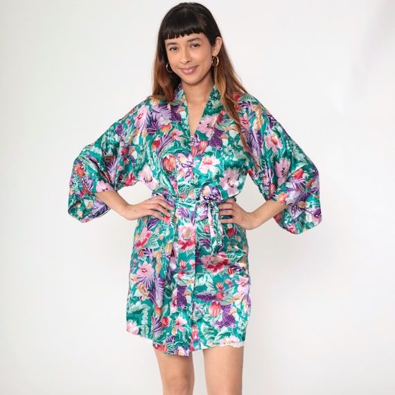 Vintage Floral Satin Robe 90s Green Short Kimono Mini Lingerie Jacket Mini Wrap Front Dressing Gown House Coat Boho 1990s Small Medium Large