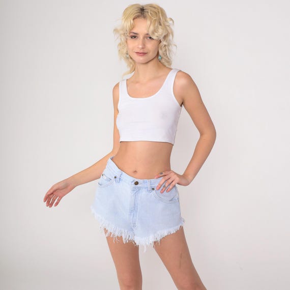 Vintage Lee Cut Off Shorts 80s 90s Denim Shorts Light Blue Jean Shorts High Waisted Cutoffs Frayed Small S