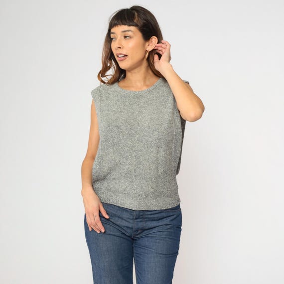Vintage Grey Silk Angora Knit Top 80s Sweater Vest Open Side Low Armhole Shirt Slouchy Knitwear 1980s Retro Layering Preppy Medium M