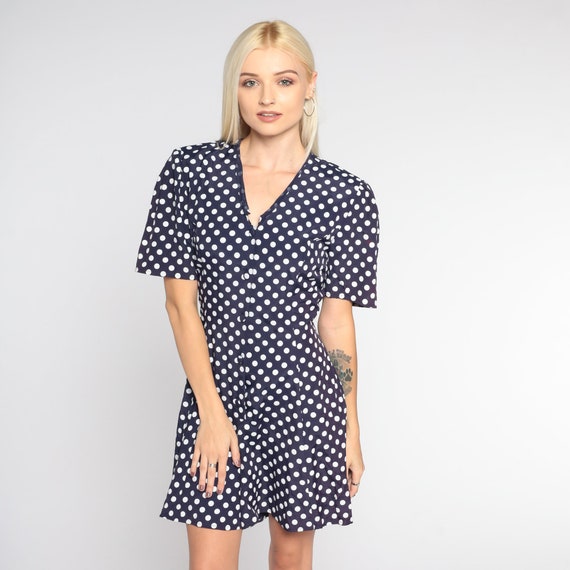 Polka Dot Romper Dress 90s Navy Blue Mini Playsuit Retro Wide Leg Shorts V Neck Short Sleeve Button Up Jumpsuit Pinup Vintage 1990s Medium M