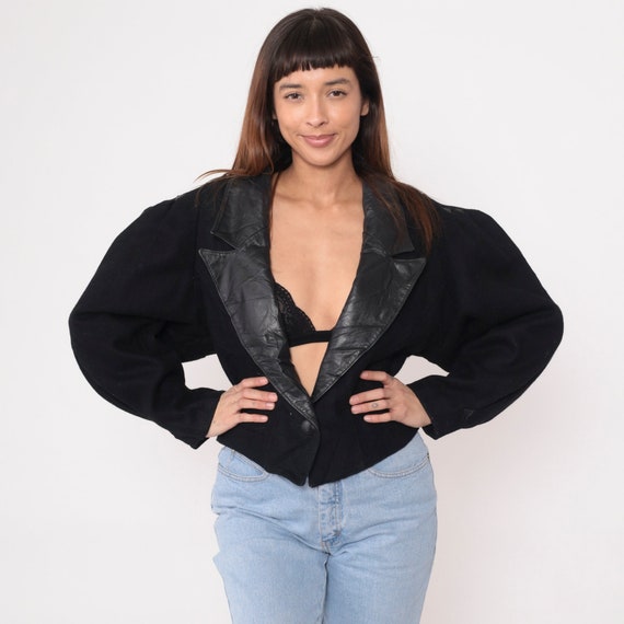 Black Wool Blazer Jacket 80s 90s Leather Collar J… - image 2