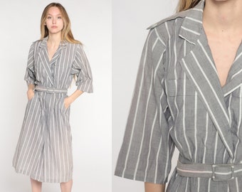 Striped Midi Dress 80s Wrap Dress Grey White Stripes V Neck 3/4 Sleeve High Waisted Secretary Dress Vintage 1980s Medium 10