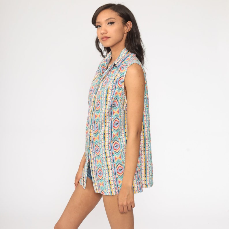 Tribal Top Aztec Shirt Geometric Blouse 70s Top Bohemian Shirt 1970s Hippie Sleeveless Button Up Boho Tank Top Retro Stripe large